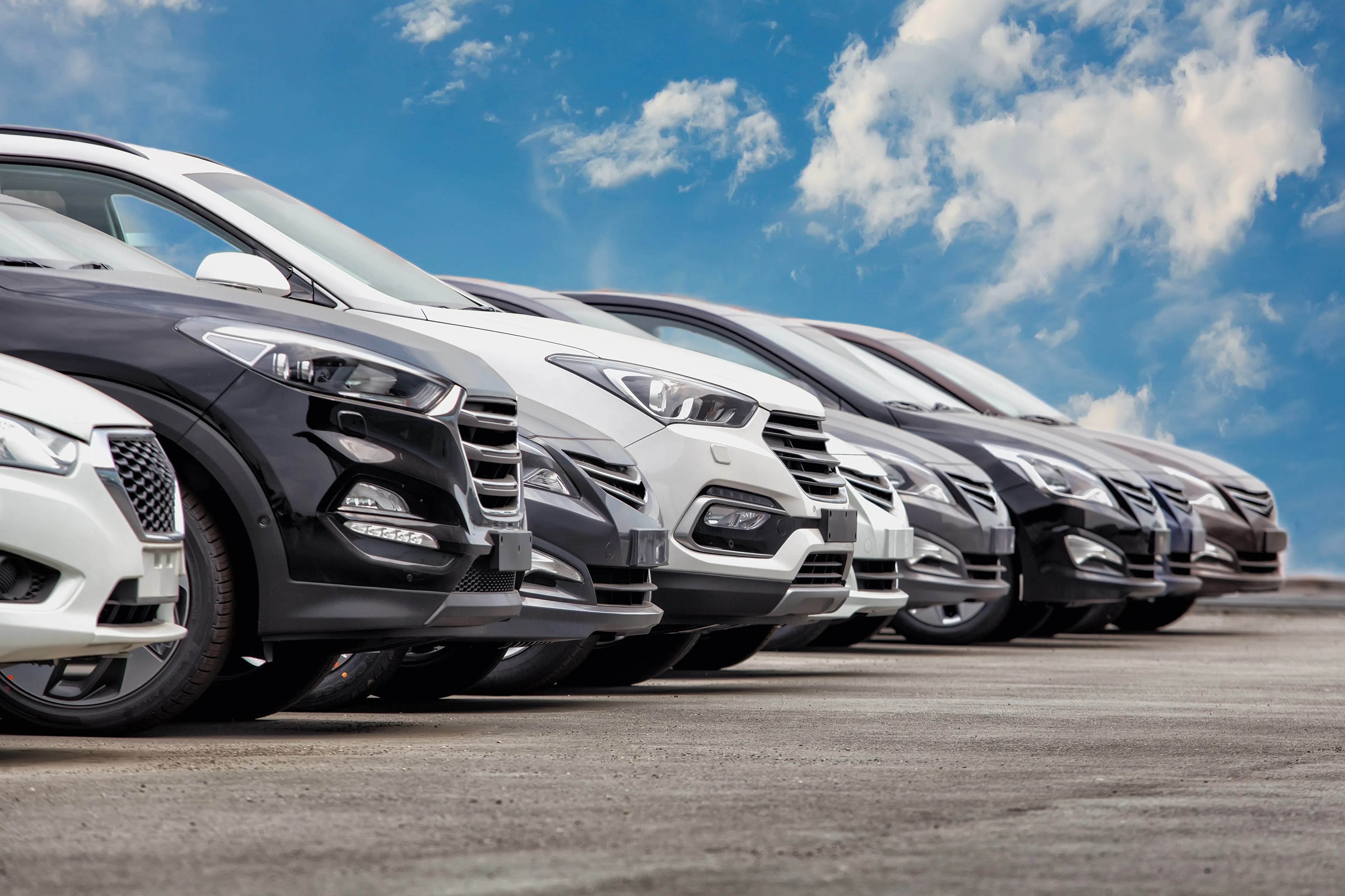 New cars for sale lined up in a row at a dealership.