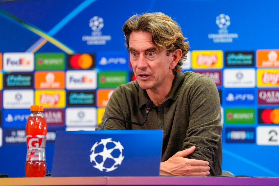 Tottenham's coach Thomas Frank giving a press conference.