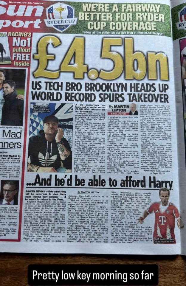 Newspaper reporting on a £4.5 billion Spurs takeover and Harry Kane possibly returning to the Premier League.