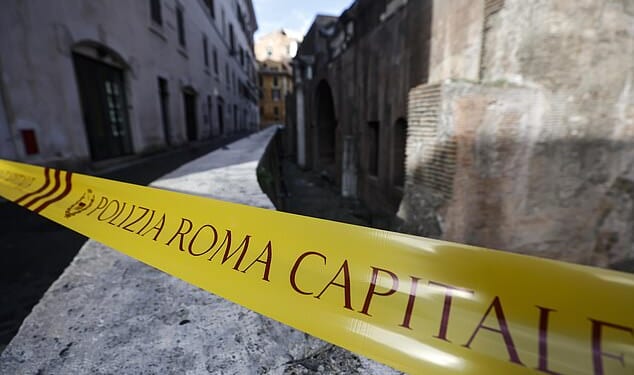 Emergency services rushed ancient Roman temple after Morimasa Hibino, 69, fell from an outer wall
