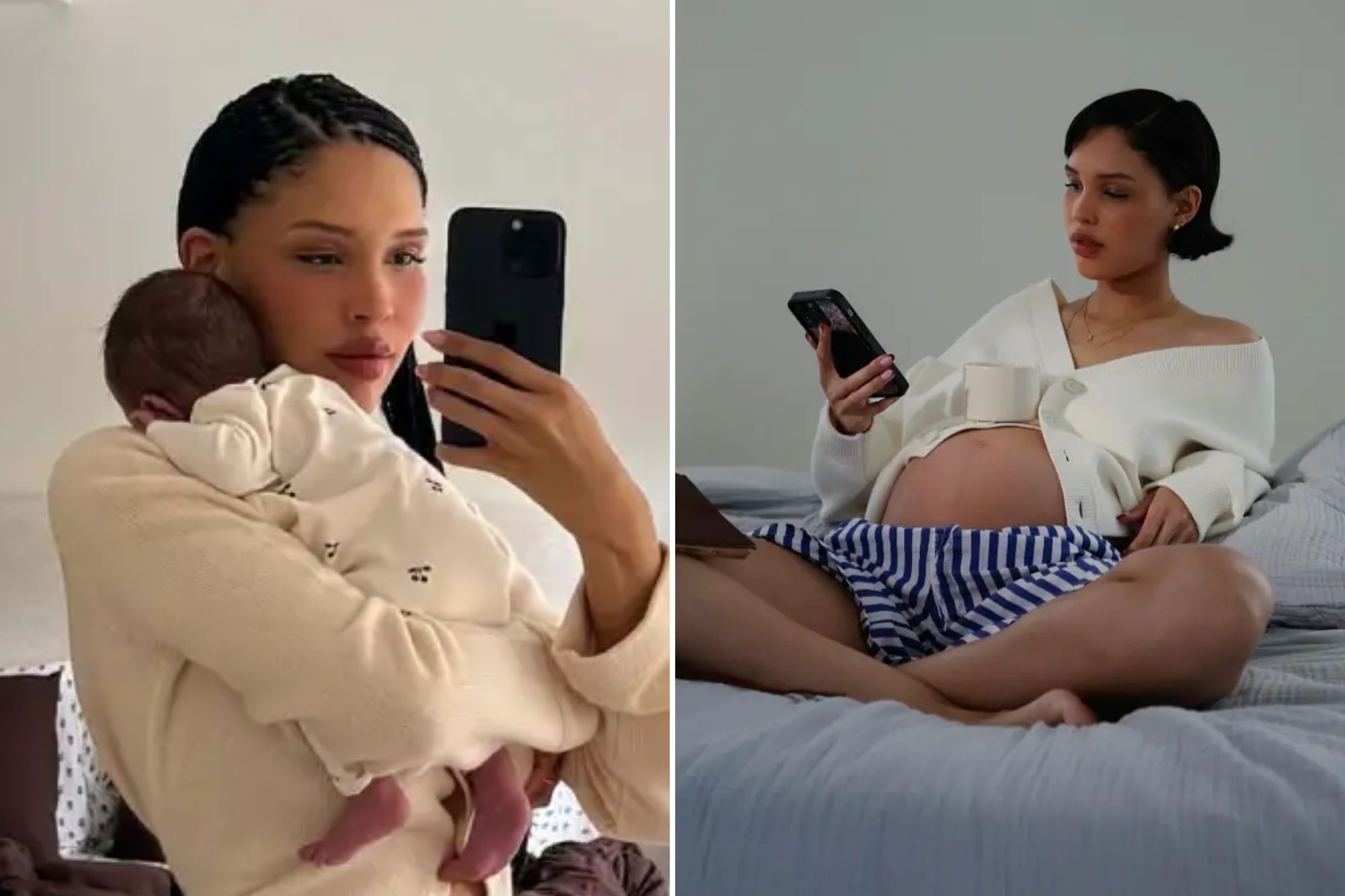 An image collage containing 2 images, Image 1 shows Nara Smith holding her newborn baby in front of a mirror while wearing a short cardigan and white pants, Image 2 shows A pregnant woman with her belly exposed, sitting on a bed and looking at her phone