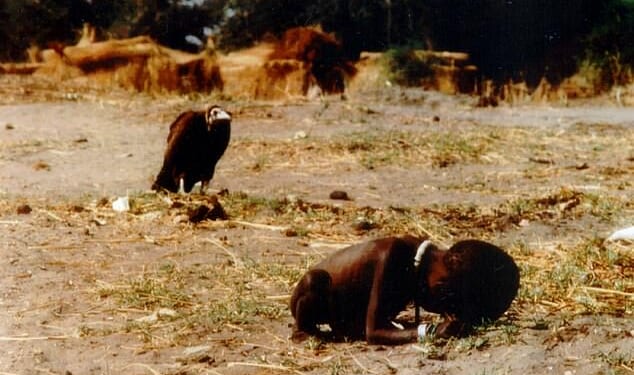 A vulture hovers over a starving Sudanese child. This photograph by South African photographer Kevin Carter won the Pulitzer prize for feature photography for the New York Times