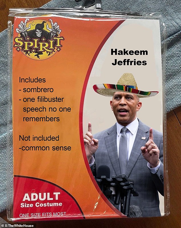 The White House posted this image of a Hakeem Jeffries Spirit Halloween costume which includes a sombrero but no 'common sense'