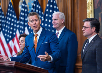 Transportation Secretary Sean Duffy speaks to reporters on day 23 of the government shutdown at a news conference at the Capitol in Washington, D.C., on Thursday.