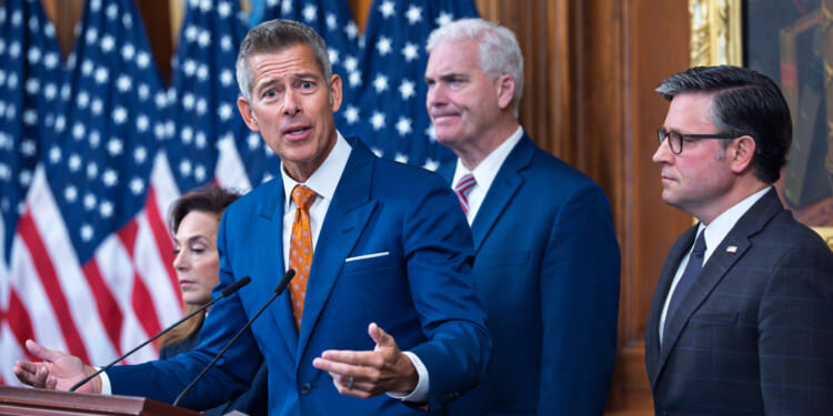 Transportation Secretary Sean Duffy speaks to reporters on day 23 of the government shutdown at a news conference at the Capitol in Washington, D.C., on Thursday.