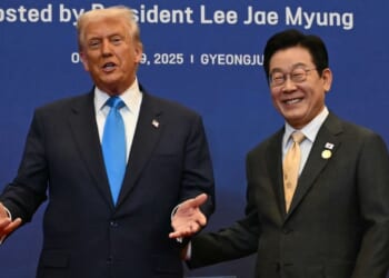 President Donald Trump, left, and South Korean President Lee Jae Myung, right, meet before a special dinner in Gyeongju on Wednesday.