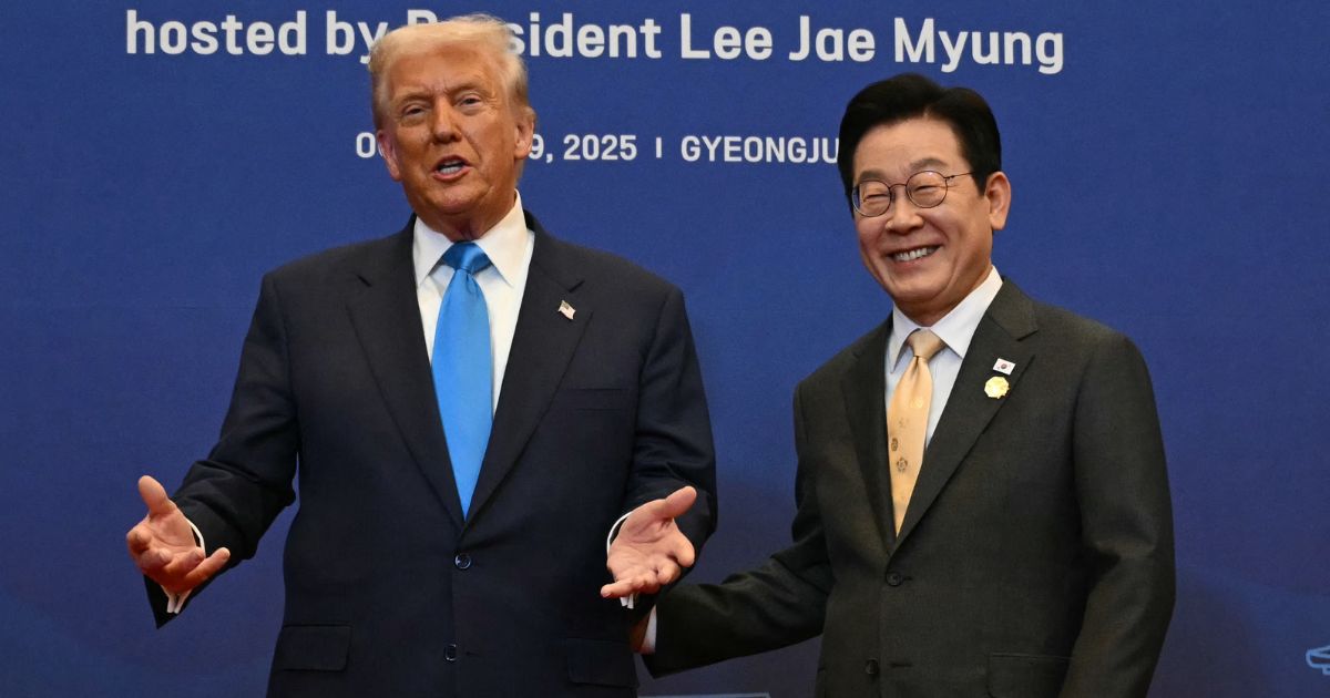 President Donald Trump, left, and South Korean President Lee Jae Myung, right, meet before a special dinner in Gyeongju on Wednesday.