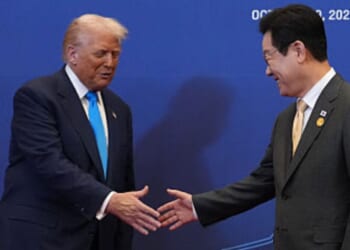 President, Donald Trump is greeted by South Korean President Lee Jae Myung Wednesday in Gyeongju, South Korea.