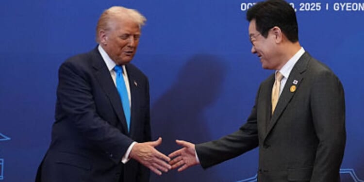 President, Donald Trump is greeted by South Korean President Lee Jae Myung Wednesday in Gyeongju, South Korea.