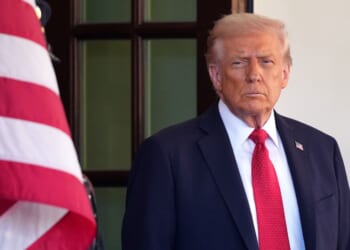 President Donald Trump stands outside the White House in Washington, DC on Oct. 20, 2025.