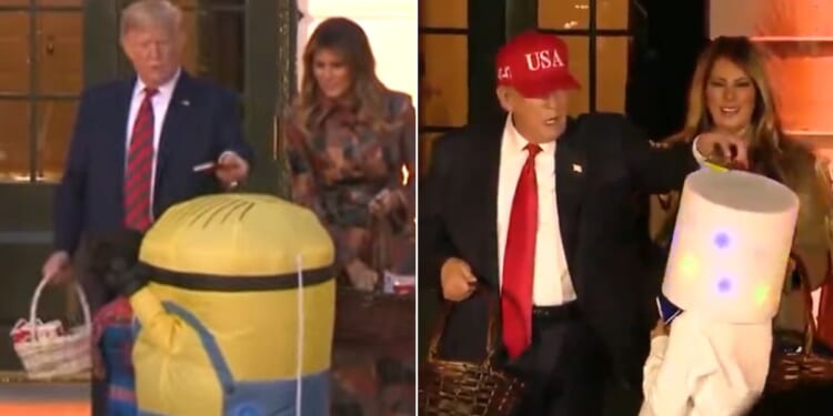 President Donald Trump repeated his classic Halloween prank of balancing a candy bar on the top of a costumed kid's head during Thursday's White House celebration.