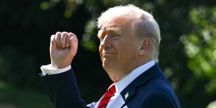 President Donald Trump raises his fist on the South Lawn of the White House in Washington, DC on Oct. 10, 2025.