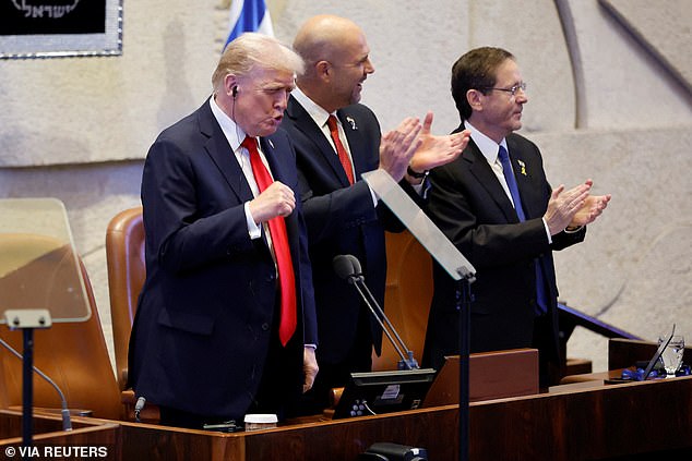 US President Trump arrives to address the Knesset, with Amir Ohana, Speaker of the Israeli Knesset, and Israeli President Isaac Herzog  in Jerusalem