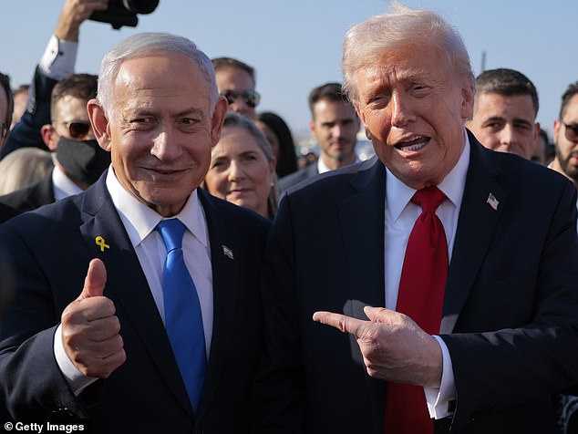 Donald Trump speaks to Israeli Prime Minister Benjamin Netanyahu at Ben Gurion International Airport before boarding his plane to Sharm El-Sheikh, on Monday