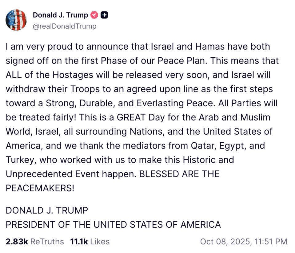 A social media post from Donald J. Trump announcing a peace plan between Israel and Hamas.