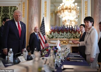 President Donald Trump (left) and the U.S. delegation hold a bilateral meeting Tuesday in Tokyo at Akasaka Place with Japan's new Prime Minister Sanae Takaichi (right), the first woman to hold the job