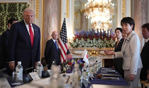 President Donald Trump (left) and the U.S. delegation hold a bilateral meeting Tuesday in Tokyo at Akasaka Place with Japan's new Prime Minister Sanae Takaichi (right), the first woman to hold the job