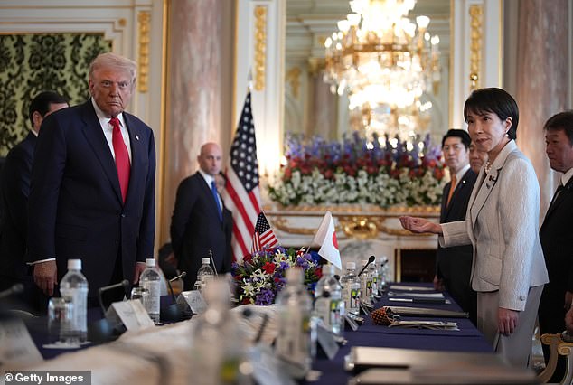 President Donald Trump (left) and the U.S. delegation hold a bilateral meeting Tuesday in Tokyo at Akasaka Place with Japan's new Prime Minister Sanae Takaichi (right), the first woman to hold the job