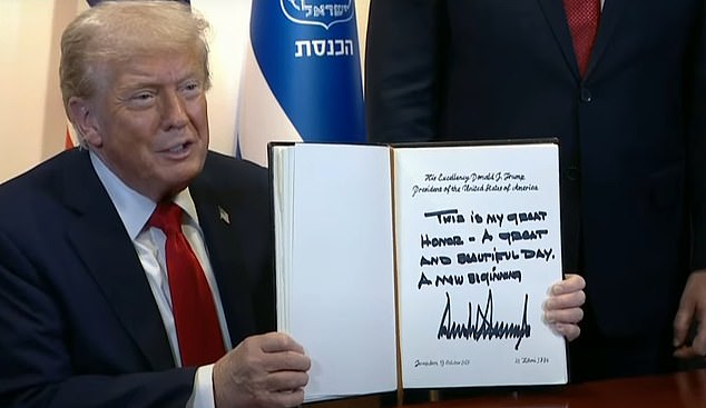 President Donald Trump signed a welcome book before speaking to Israel's Knesset. 'This is my great honor - a great and beautiful day. A new beginning,' the president wrote as Israeli hostages were released from Gaza
