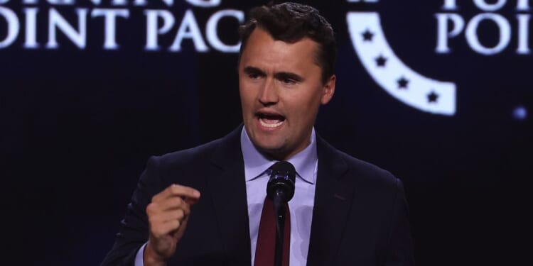 Charlie Kirk, founder and executive director of Turning Point USA, is pictured speaking on June 6, 2024, during a Turning Point PAC town hall at Dream City Church in Phoenix, Arizona.
