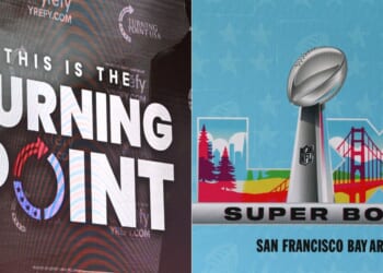 Turning Point USA, left, has announced it will be hosting a halftime show during Super Bowl LX, right.