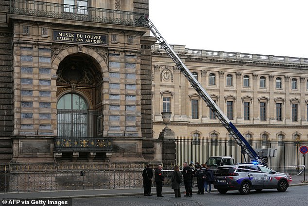 The world-famous Louvre museum in Paris was hit by a gang who stole jewellery worth millions (pictured: French police officers next to a ladder propped up against the tourist site)