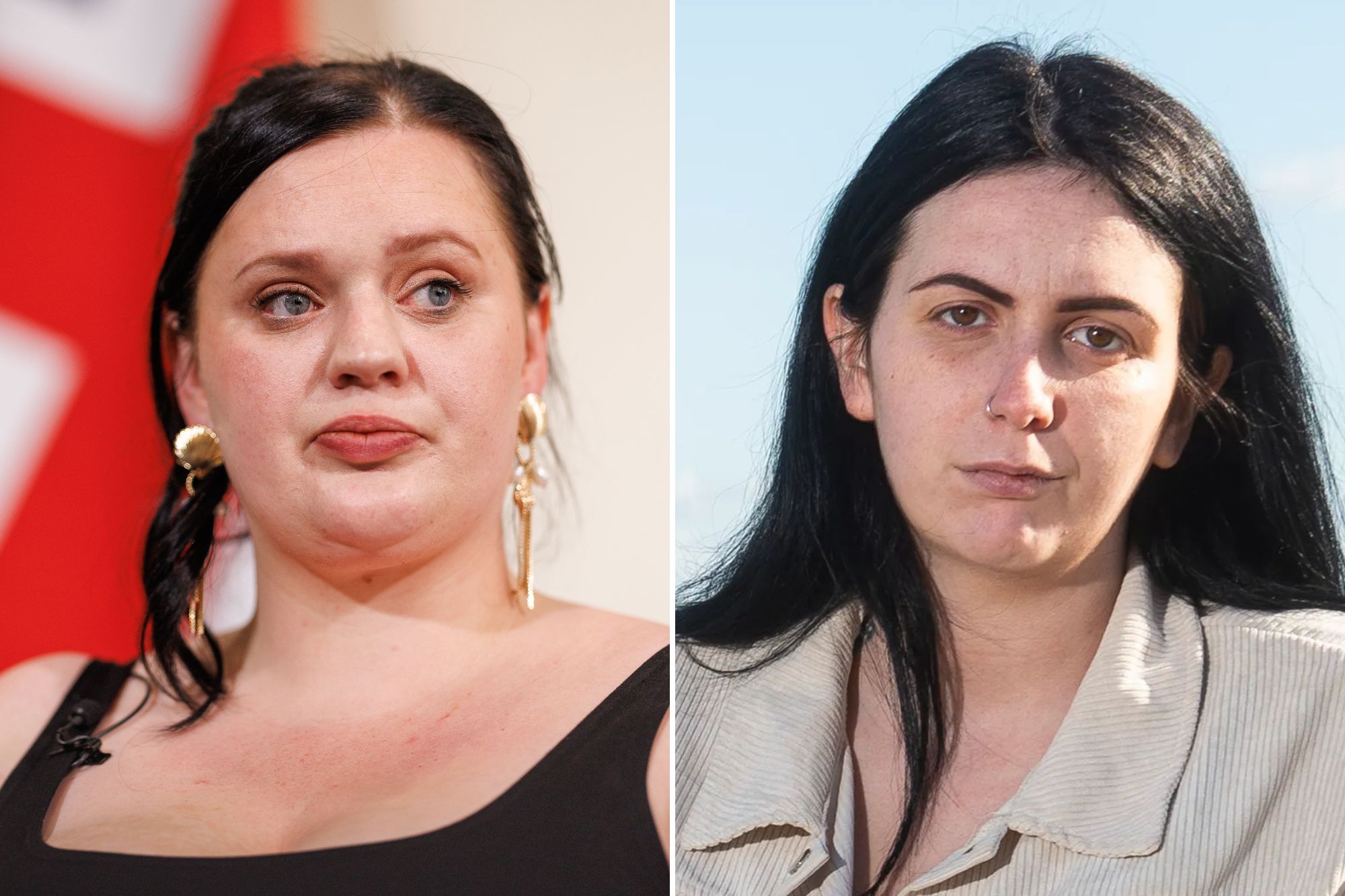 An image collage containing 2 images, Image 1 shows Fiona Goddard, a survivor, at a press conference on a national inquiry into grooming gangs, Image 2 shows Ellie Reynolds, a young person, sits in front of a river, boats, and buildings