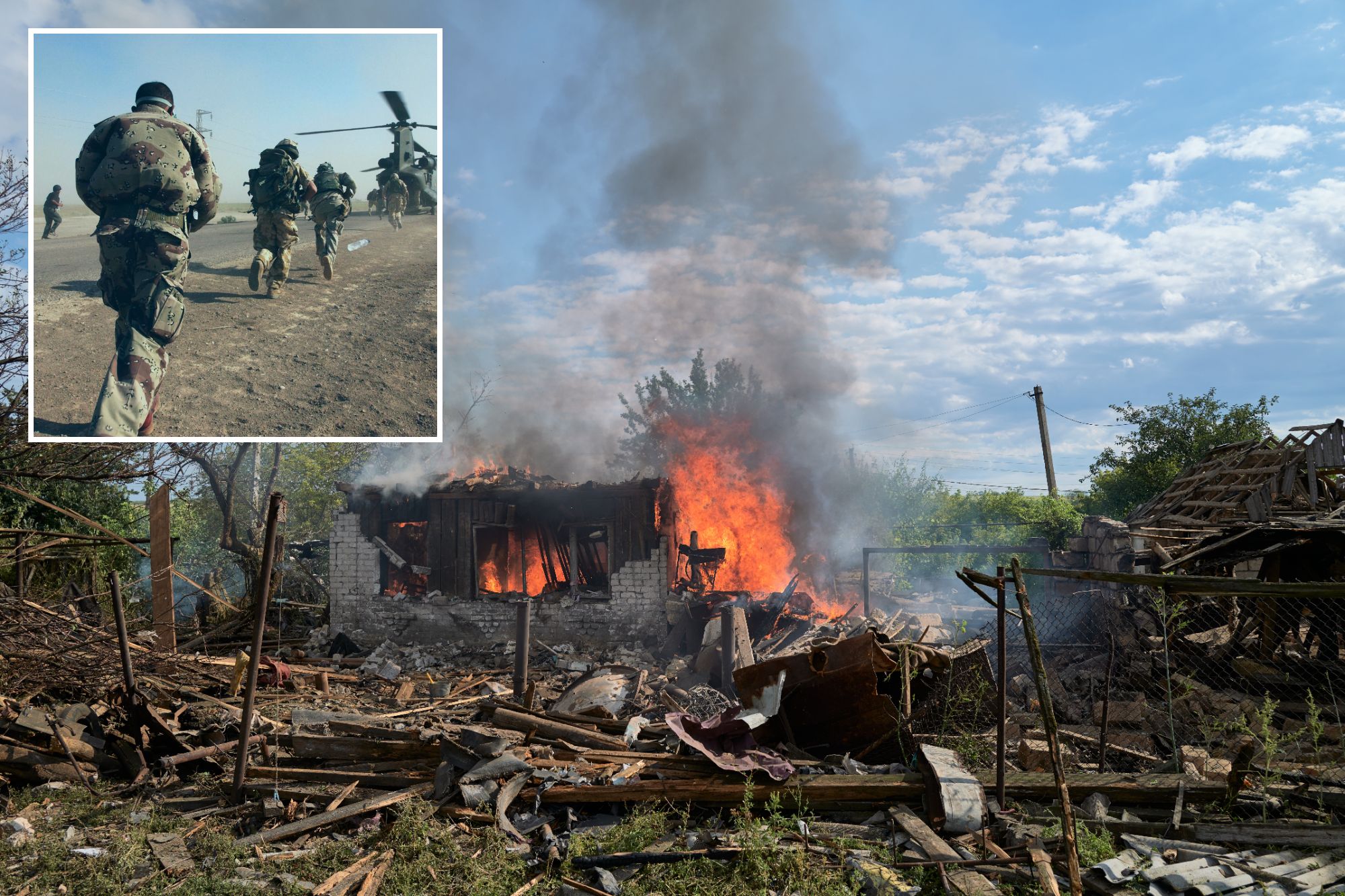 An image collage containing 2 images, Image 1 shows Russian Drone Strikes House In Remote Village Of Iverske In Ukraine, Image 2 shows Kostyantynivka, Donetsk Region Stronghold, Remains One Of War's Most Active Battlegrounds