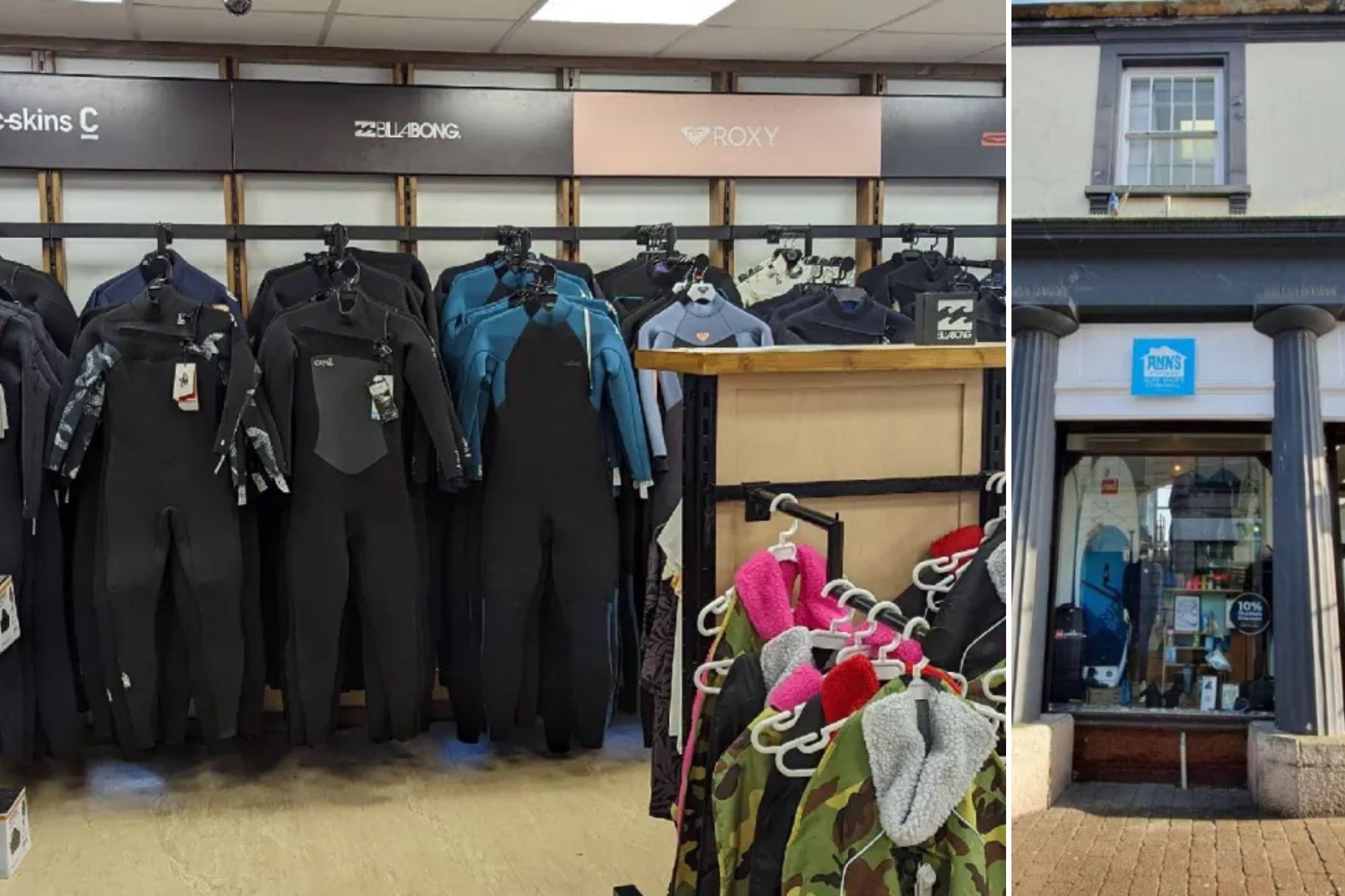 An image collage containing 2 images, Image 1 shows A surf shop interior with wetsuits from C-Skins, Billabong, Roxy, and Gul displayed on racks, Image 2 shows Ann's Cottage Surf shop in Cornwall