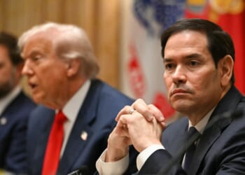 Secretary of State Marco Rubio looks on as President Donald Trump meets with Argentina's President Javier Milei in the Cabinet Room at the White House in Washington, D.C., on Oct. 14, 2025.