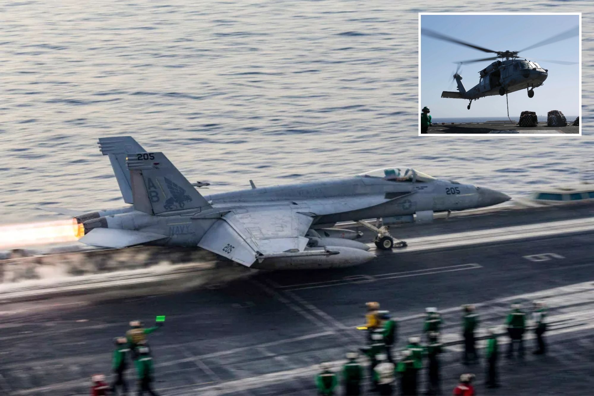 An image collage containing 2 images, Image 1 shows YEMEN-US-CONFLICT, Image 2 shows Two naval personnel on a flight deck attach cargo to an MH-60S Sea Hawk helicopter