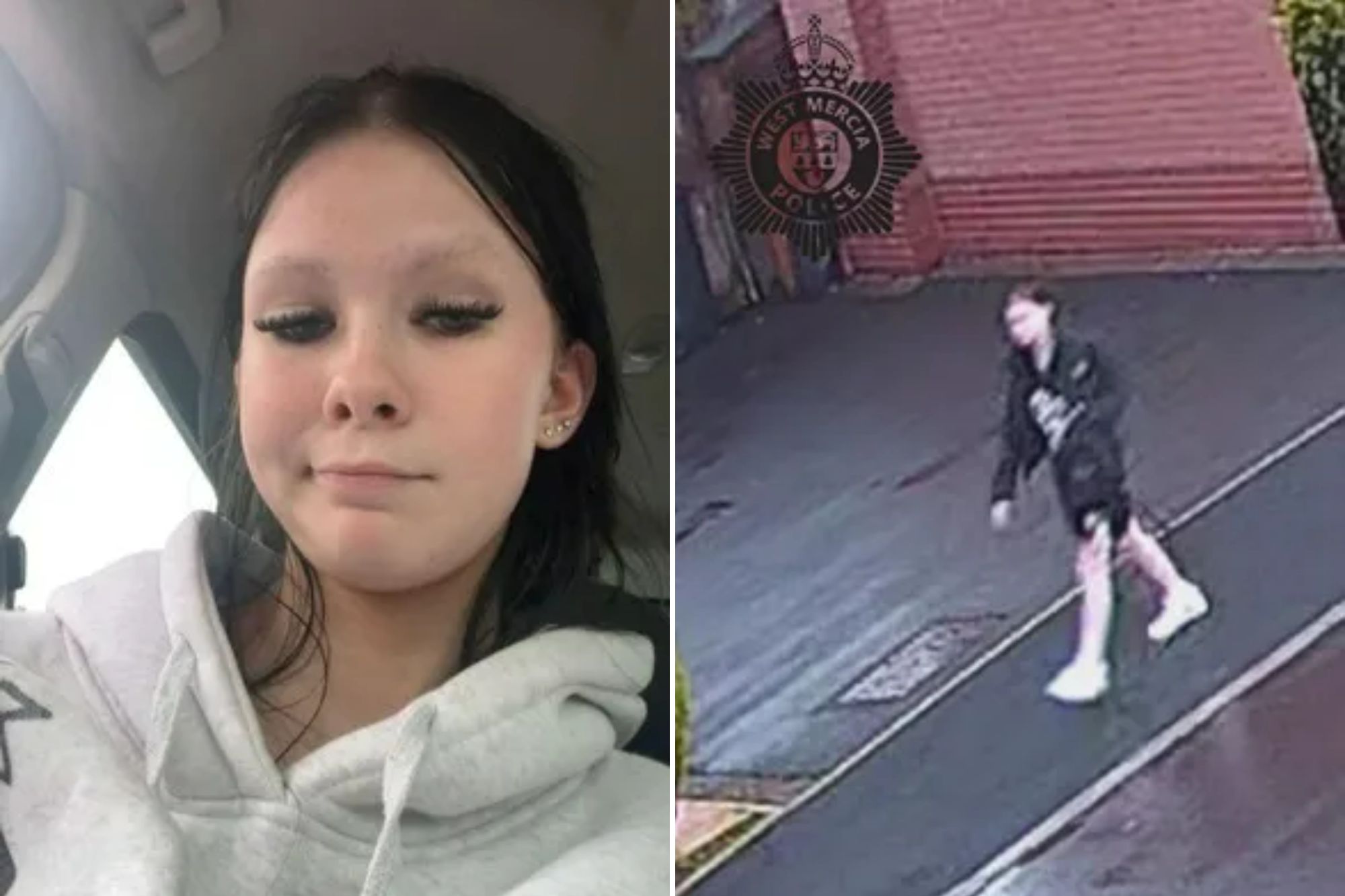 An image collage containing 2 images, Image 1 shows Collage of a security camera photo of a person walking on a sidewalk and a selfie photo of a young woman, Image 2 shows Collage of a security camera photo of a person walking on a sidewalk and a selfie photo of a young woman