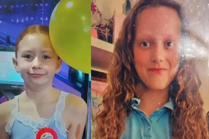 Collage of two girls, the one on the left with red hair in a ponytail and a yellow balloon, and the one on the right with long curly brown hair.