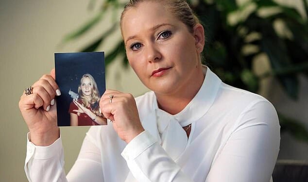 Prince Andrew's sex accuser Virginia Giuffre (pictured with a photo of herself as a teen) lost a baby days after having an orgy with Prince Andrew and eight other girls, her tell-all memoir claims