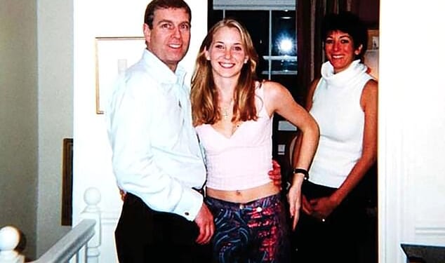 Prince Andrew, Virginia Roberts, aged 17, and Ghislaine Maxwell at Maxwell's townhouse in London on March 13, 2001