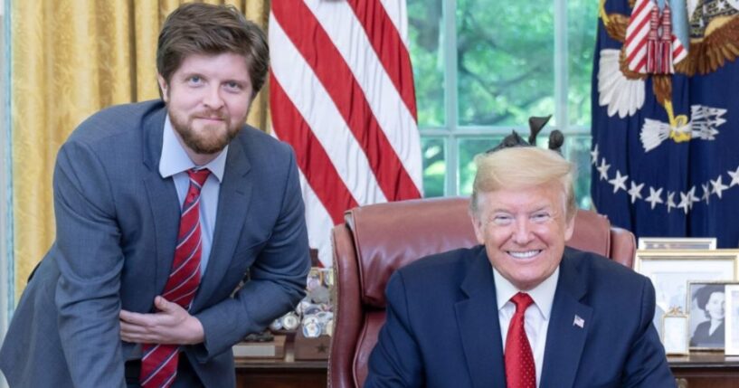 Buck Sexton, left, visits with President Donald Trump in the Oval Office of the White House in Washington, D.C.