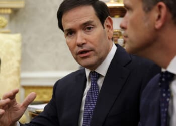 Secretary of State Marco Rubio speaks to reporters during a meeting with U.S. President Donald Trump and NATO Secretary General Mark Rutte in the Oval Office of the White House in Washington, D.C., on Wednesday.