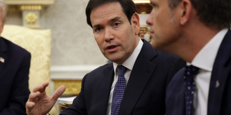 Secretary of State Marco Rubio speaks to reporters during a meeting with U.S. President Donald Trump and NATO Secretary General Mark Rutte in the Oval Office of the White House in Washington, D.C., on Wednesday.