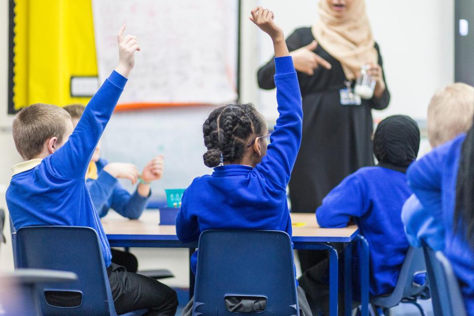 General view of an English primary school classroom during a lesson