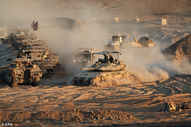 Israeli tanks arrive at a gathering site after withdrawing from the Gaza Strip following the Israel-Hamas agreement on the first phase of the Gaza peace plan, near the Israeli-Gaza border in southern Israel, 10 October 2025