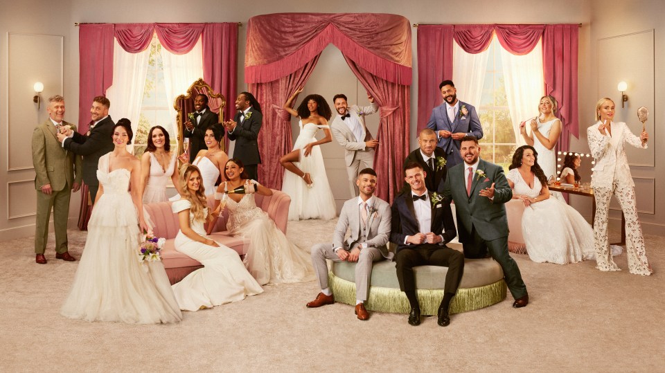 Cast photo of Married at First Sight UK featuring 17 people dressed in wedding attire.