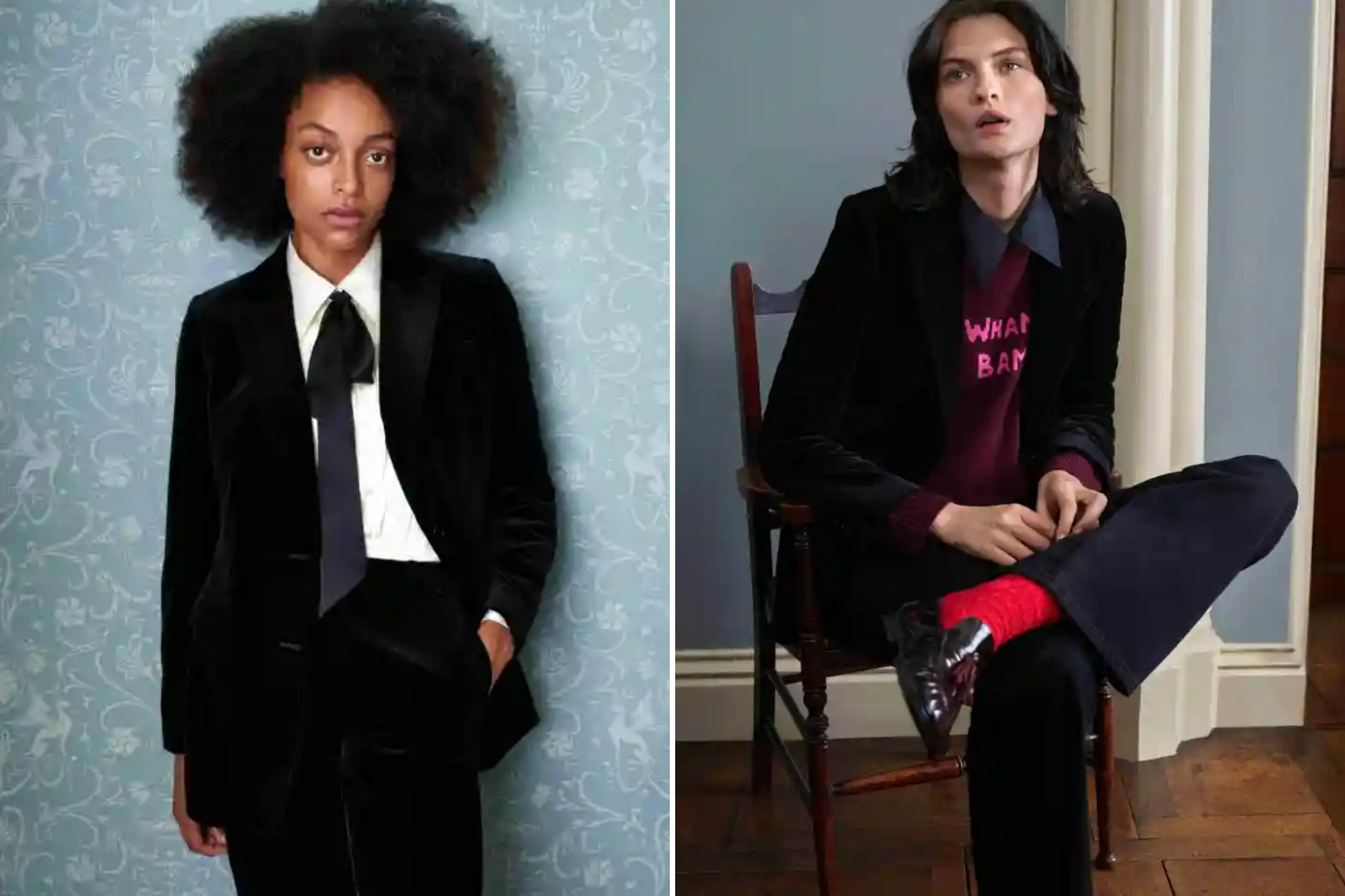 An image collage containing 2 images, Image 1 shows A woman with dark curly hair and a black velvet suit with a black tie and white shirt, Image 2 shows A model with dark, medium-length hair sits on a wooden chair, wearing a black blazer over a dark red sweater with pink "WHAM BAM" lettering, a dark blue collared shirt, dark pants, bright red socks, and dark glossy shoes