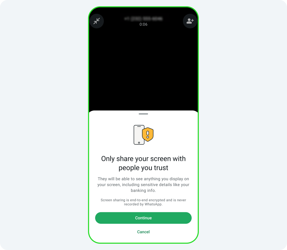 Illustration of a smartphone displaying a video call interface with a pop-up warning about screen sharing security.