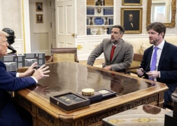 Buck Sexton, right, sits down for a meeting with President Donald Trump, left, at the White House in Washington, D.C.