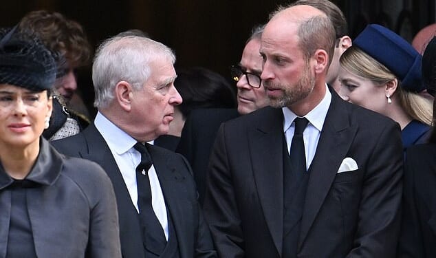 Prince Andrew (pictured left) seen in a frosty exchange with Prince William (pictured right) as they walked out of Westminster Abbey at the Duchess of Kent's funeral last month