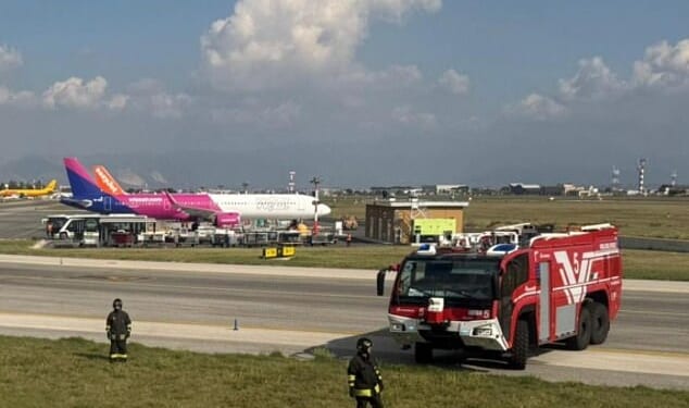 Firefighters were dispatched to the plane upon its arrival at Naples International Airport (pictured)