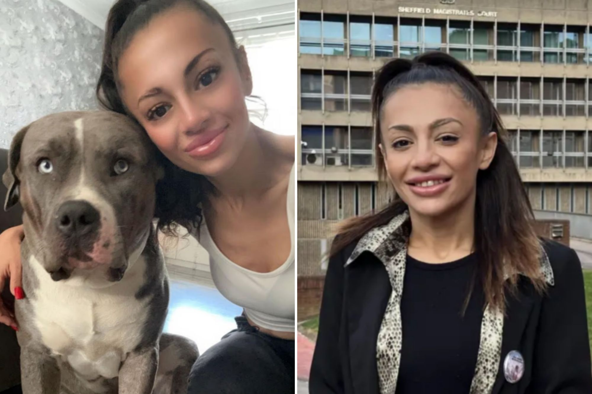An image collage containing 2 images, Image 1 shows A woman with a ponytail and a white top leaning her head against a gray and white dog with blue eyes, Image 2 shows A woman smiling in front of the Sheffield Magistrates' Court