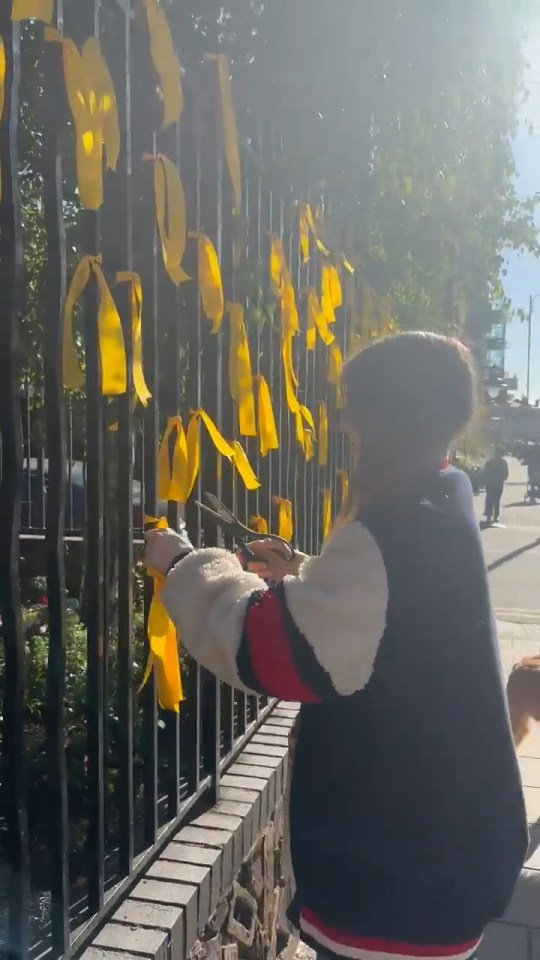 A woman cutting yellow ribbons off a fence.
