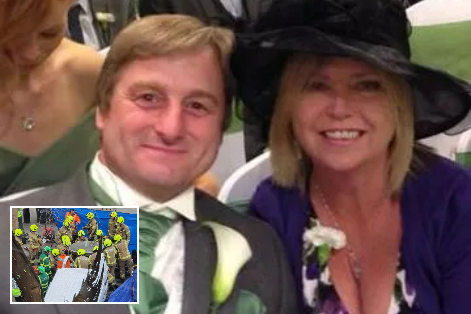 An image collage containing 2 images, Image 1 shows Karina Woods and her late partner Kevin Holding, Image 2 shows Emergency personnel responding to an incident involving a telescopic urinal