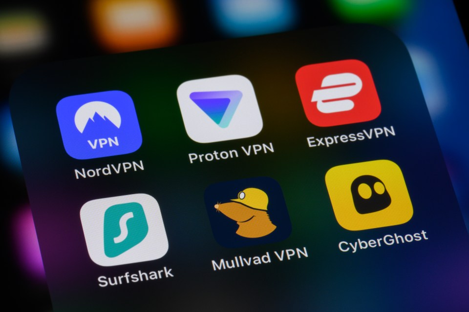 VPN apps including NordVPN, Proton VPN, ExpressVPN, Surfshark, Mullvad VPN, and CyberGhost displayed on a smartphone screen.